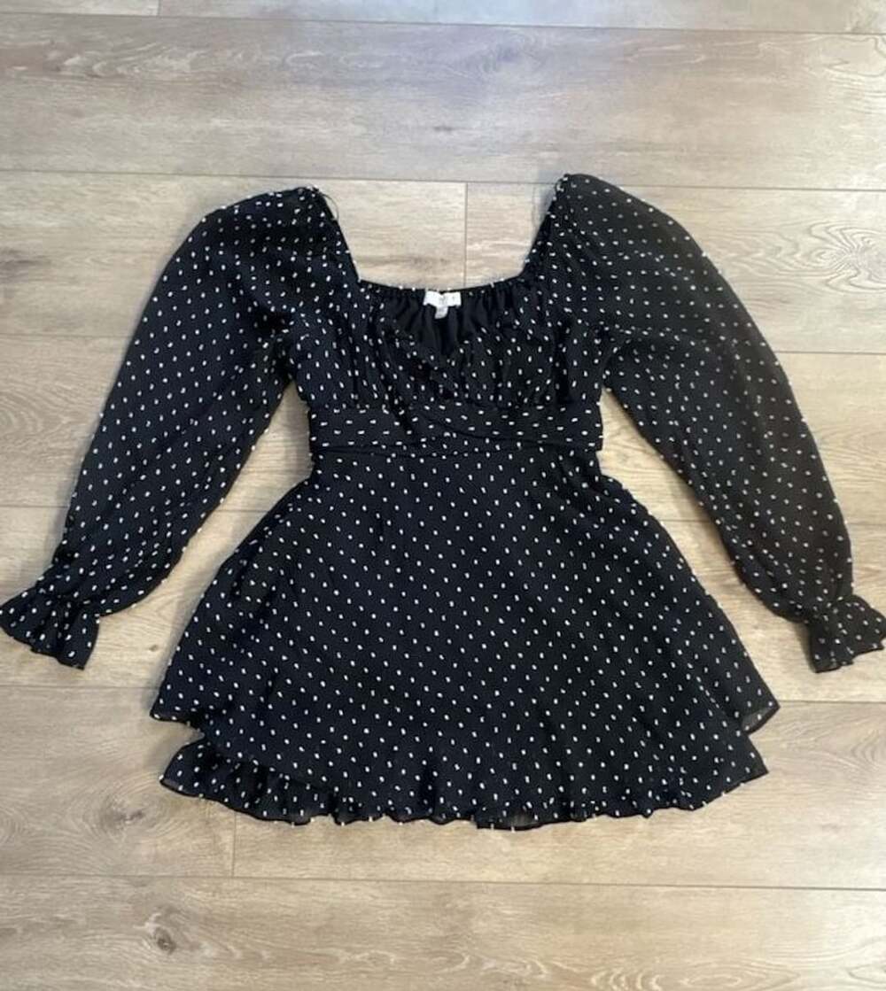 THIRTY/THIRTY LA Mini Dress Size XL Black White Polka Dot Chiffon Ruffle